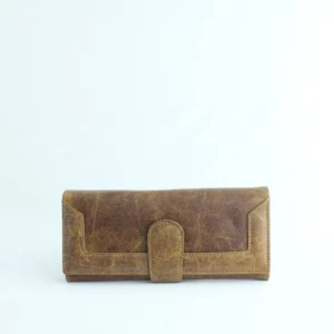 Distressed Tan Leather Long Wallet with Contrast-Stitched Panel 1