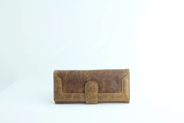 Distressed Tan Leather Long Wallet with Contrast-Stitched Panel 1