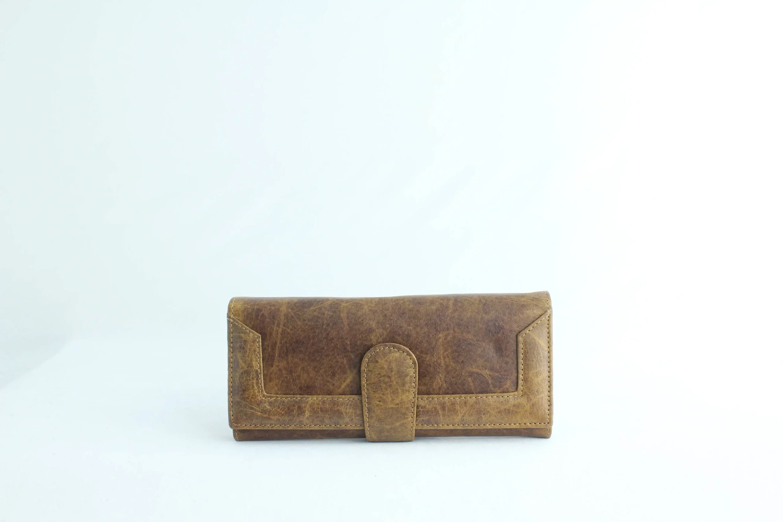 Distressed Tan Leather Long Wallet with Contrast-Stitched Panel 1
