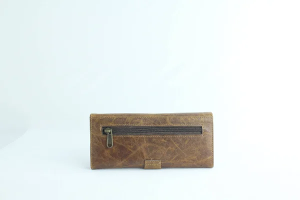 Distressed Tan Leather Long Wallet with Contrast-Stitched Panel 2