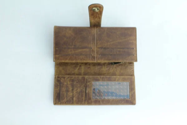 Distressed Tan Leather Long Wallet with Contrast-Stitched Panel 3