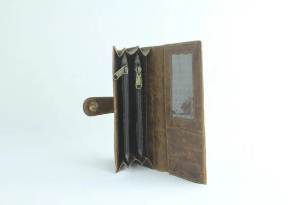 Distressed Tan Leather Long Wallet with Contrast-Stitched Panel 4