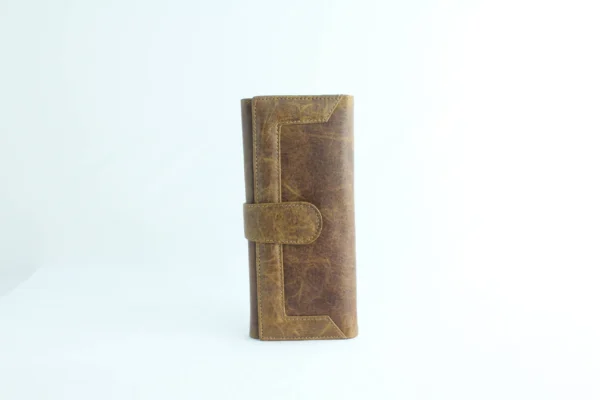 Distressed Tan Leather Long Wallet with Contrast-Stitched Panel 5