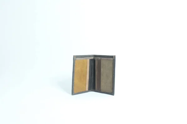 Handcrafted Grey Leather Card Wallet with Multicolour Patchwork Interior 1