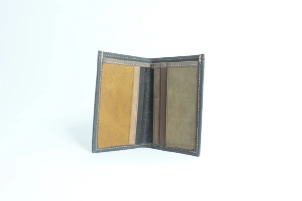 Handcrafted Grey Leather Card Wallet with Multicolour Patchwork Interior 2