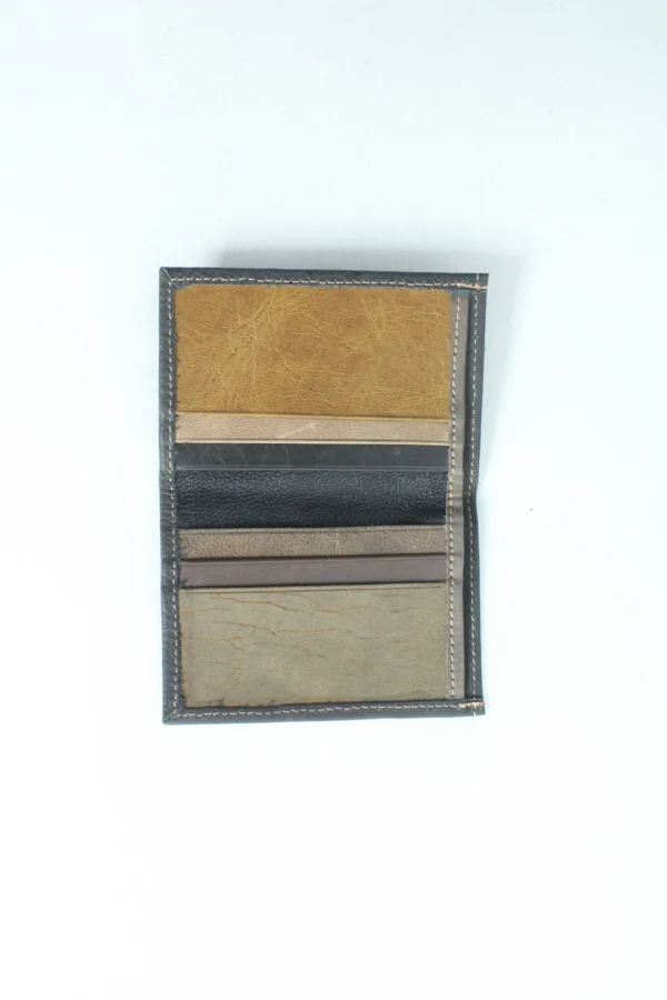 Handcrafted Grey Leather Card Wallet with Multicolour Patchwork Interior 3