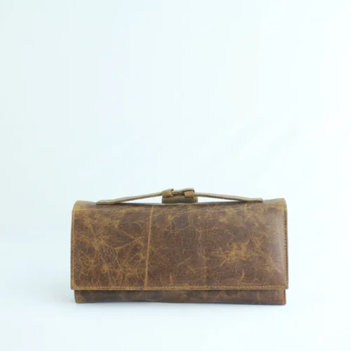 Handcrafted Tan-Brown Leather Trifold Clutch Wallet with Buckle Strap 1 Handcrafted Tan-Brown Leather Trifold Clutch Wallet with Buckle Strap 1