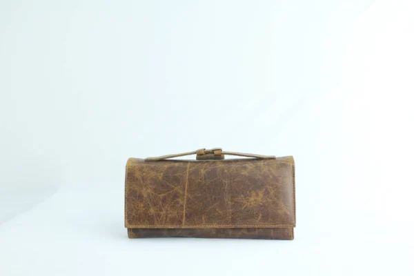 Handcrafted Tan-Brown Leather Trifold Clutch Wallet with Buckle Strap 1