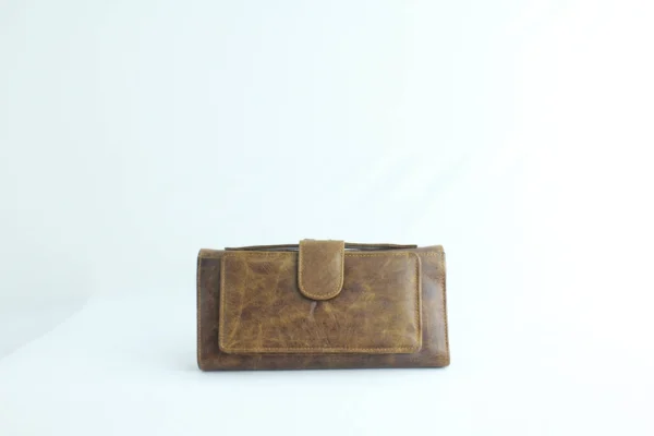 Handcrafted Tan-Brown Leather Trifold Clutch Wallet with Buckle Strap 2