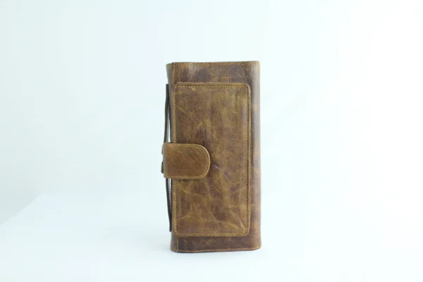 Handcrafted Tan-Brown Leather Trifold Clutch Wallet with Buckle Strap 3
