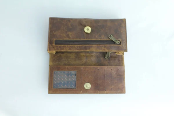 Handcrafted Tan-Brown Leather Trifold Clutch Wallet with Buckle Strap 5