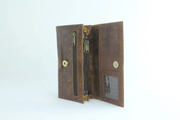 Handcrafted Tan-Brown Leather Trifold Clutch Wallet with Buckle Strap 6