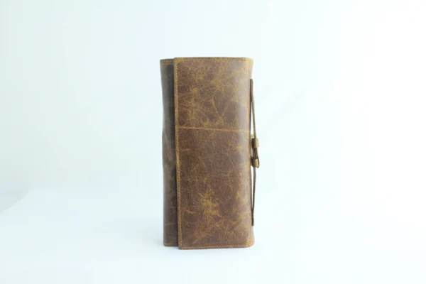 Handcrafted Tan-Brown Leather Trifold Clutch Wallet with Buckle Strap 7