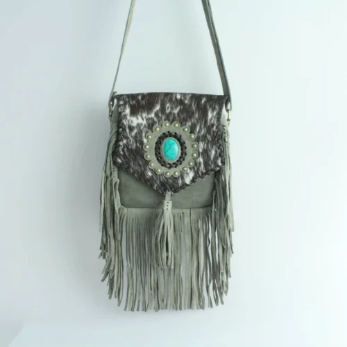 Handmade Cowhide Leather Fringe Sling Bag with Turquoise Stone 1 Handmade Cowhide Leather Fringe Sling Bag with Turquoise Stone 1