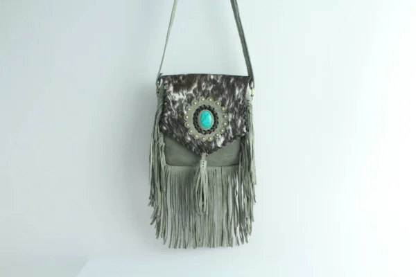 Handmade Cowhide Leather Fringe Sling Bag with Turquoise Stone 1