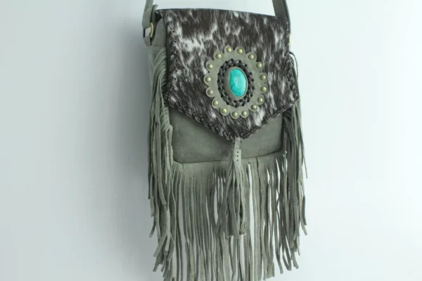 Handmade Cowhide Leather Fringe Sling Bag with Turquoise Stone 2