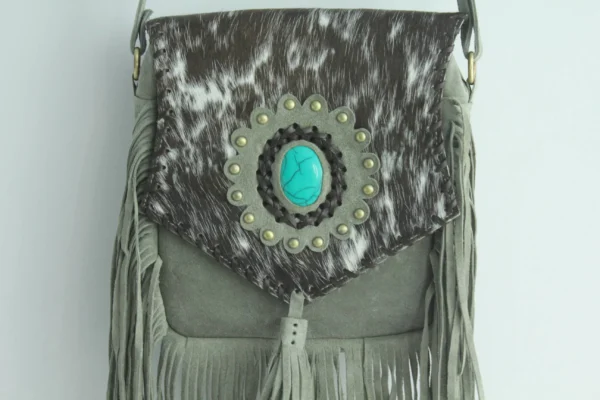 Handmade Cowhide Leather Fringe Sling Bag with Turquoise Stone 3