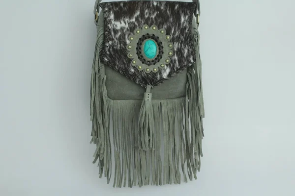 Handmade Cowhide Leather Fringe Sling Bag with Turquoise Stone 4