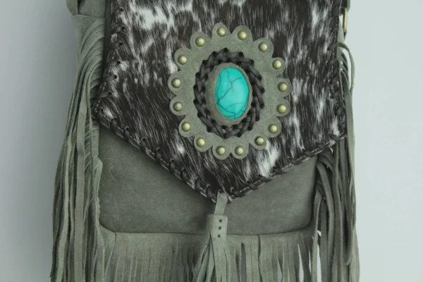 Handmade Cowhide Leather Fringe Sling Bag with Turquoise Stone 5