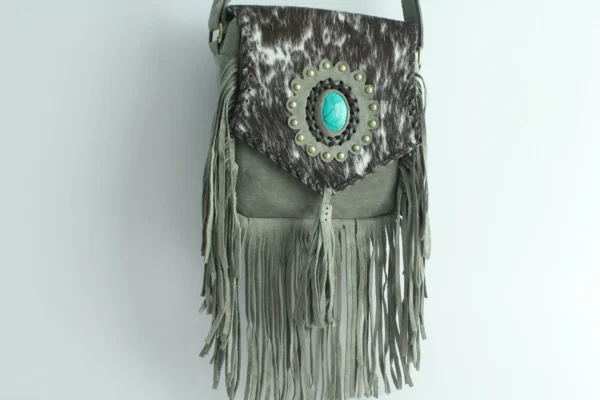 Handmade Cowhide Leather Fringe Sling Bag with Turquoise Stone 6