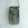 Handmade Cowhide Leather Fringe Sling Bag with Turquoise Stone 7
