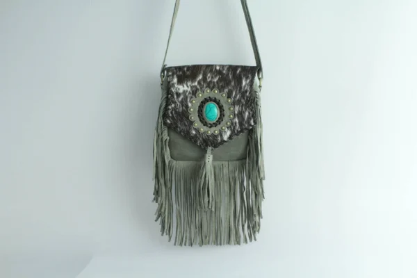 Handmade Cowhide Leather Fringe Sling Bag with Turquoise Stone 7