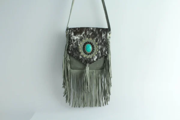 Handmade Cowhide Leather Fringe Sling Bag with Turquoise Stone 8