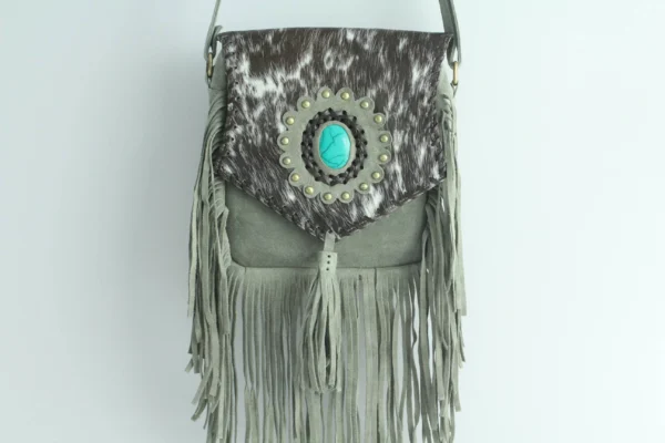 Handmade Cowhide Leather Fringe Sling Bag with Turquoise Stone 9