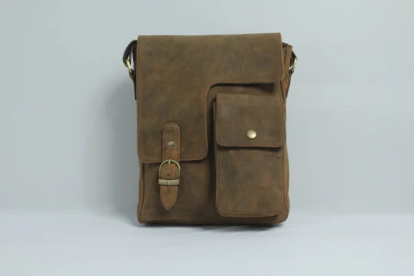 Leather Crossbody Sling Bag for Men – Vintage Buckle Flap Distressed Tan 1