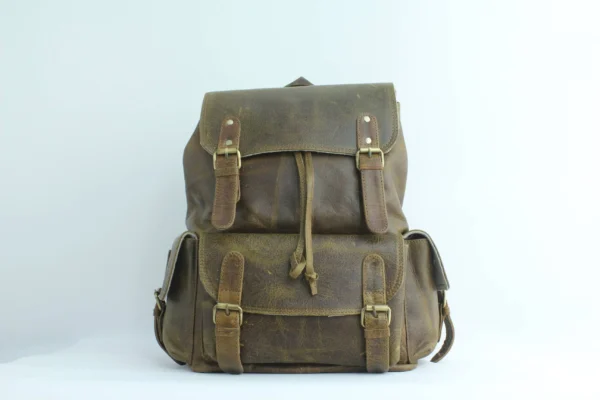 Rustic Olive Leather Drawstring Backpack 1
