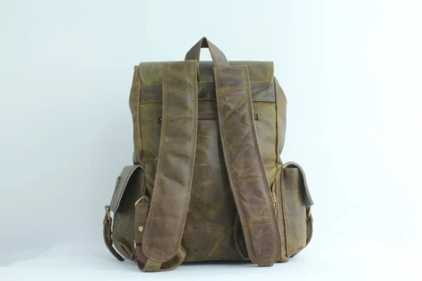 Rustic Olive Leather Drawstring Backpack 2