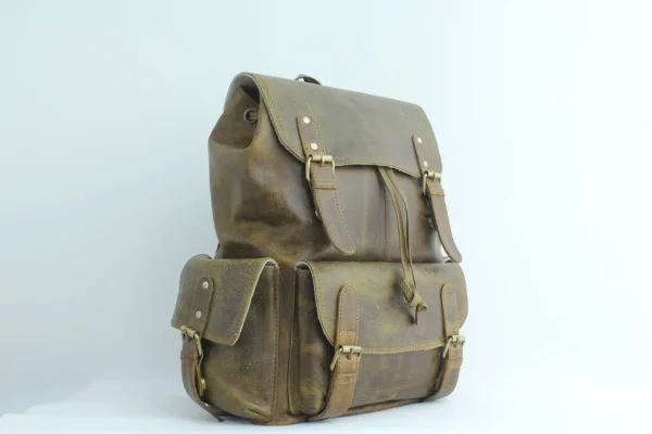 Rustic Olive Leather Drawstring Backpack 3