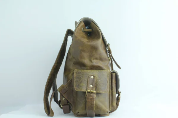Rustic Olive Leather Drawstring Backpack 4
