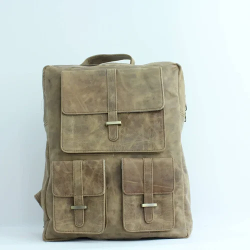 Vintage Khaki Leather Multi-Pocket Backpack 1