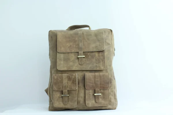Vintage Khaki Leather Multi-Pocket Backpack 1