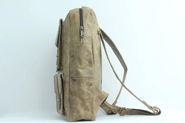 Vintage Khaki Leather Multi-Pocket Backpack 2
