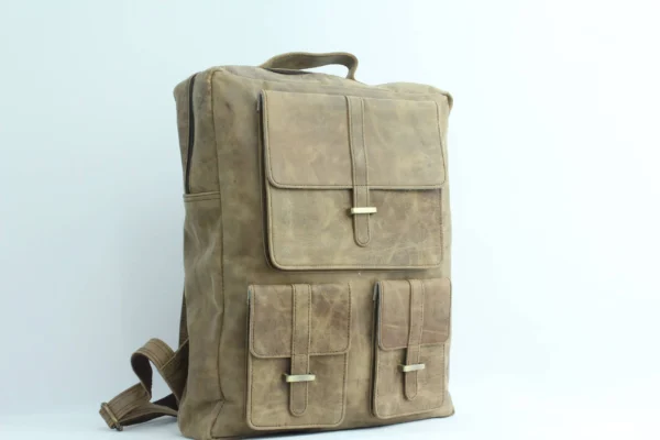 Vintage Khaki Leather Multi-Pocket Backpack 3
