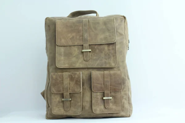 Vintage Khaki Leather Multi-Pocket Backpack 5