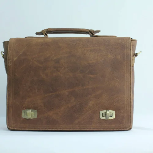 Vintage Leather Satchel Briefcase with Twist-Lock Closure 1