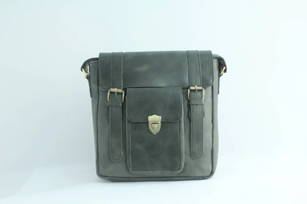 Vintage Leather Sling Bag for Men– Charcoal Black Shield Clasp 1