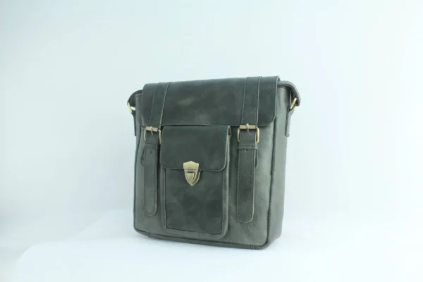 Vintage Leather Sling Bag for Men– Charcoal Black Shield Clasp 6