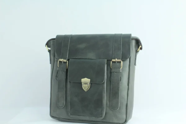 Vintage Leather Sling Bag for Men– Charcoal Black Shield Clasp 7