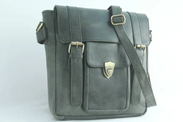 Vintage Leather Sling Bag for Men– Charcoal Black Shield Clasp 8